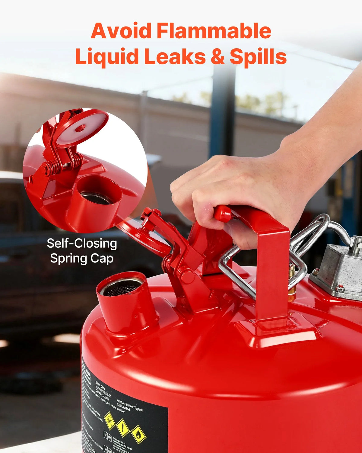VEVOR Safety Fuel Can 9.5 L, Type II Petrol Can with Stainless Steel Flame Arrestor, Self-Closing Cap and Flexible Metal Spout, Carbon Steel Flammable Liquid Storage Tank with Ergonomic Handle