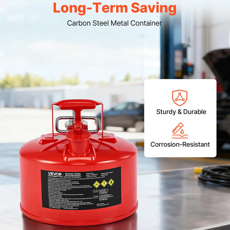 VEVOR drošības degvielas kanna 9,5 l, II tipa benzīna kanna ar nerūsējošā tērauda liesmas slāpētāju, pašnoslēdzošu vāku un elastīgu metāla uzgali, oglekļa tērauda uzliesmojošu šķidrumu uzglabāšanas tvertne ar ergonomisku rokturi