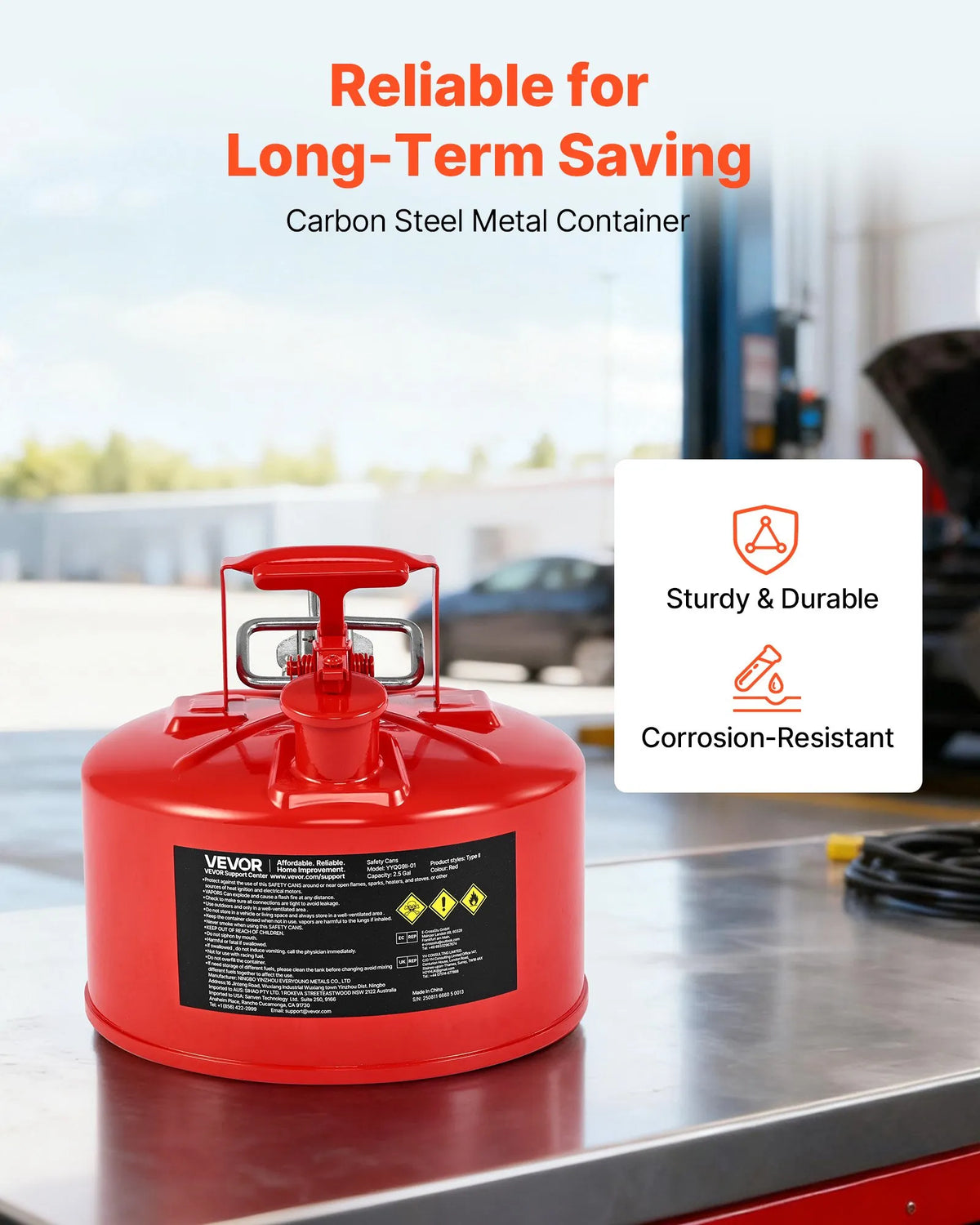 VEVOR Safety Fuel Can 9.5 L, Type II Petrol Can with Stainless Steel Flame Arrestor, Self-Closing Cap and Flexible Metal Spout, Carbon Steel Flammable Liquid Storage Tank with Ergonomic Handle