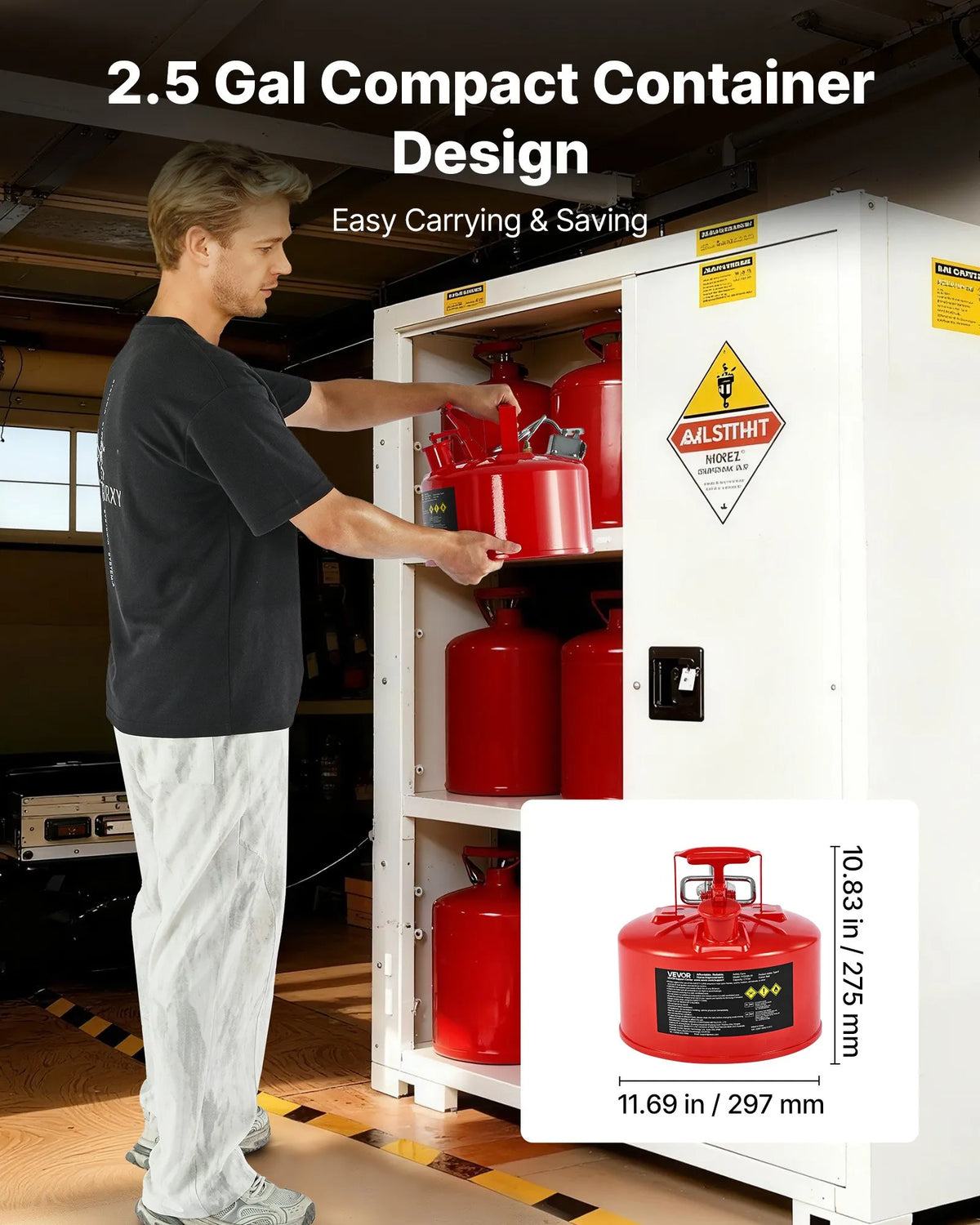VEVOR Safety Fuel Can 9.5 L, Type II Petrol Can with Stainless Steel Flame Arrestor, Self-Closing Cap and Flexible Metal Spout, Carbon Steel Flammable Liquid Storage Tank with Ergonomic Handle