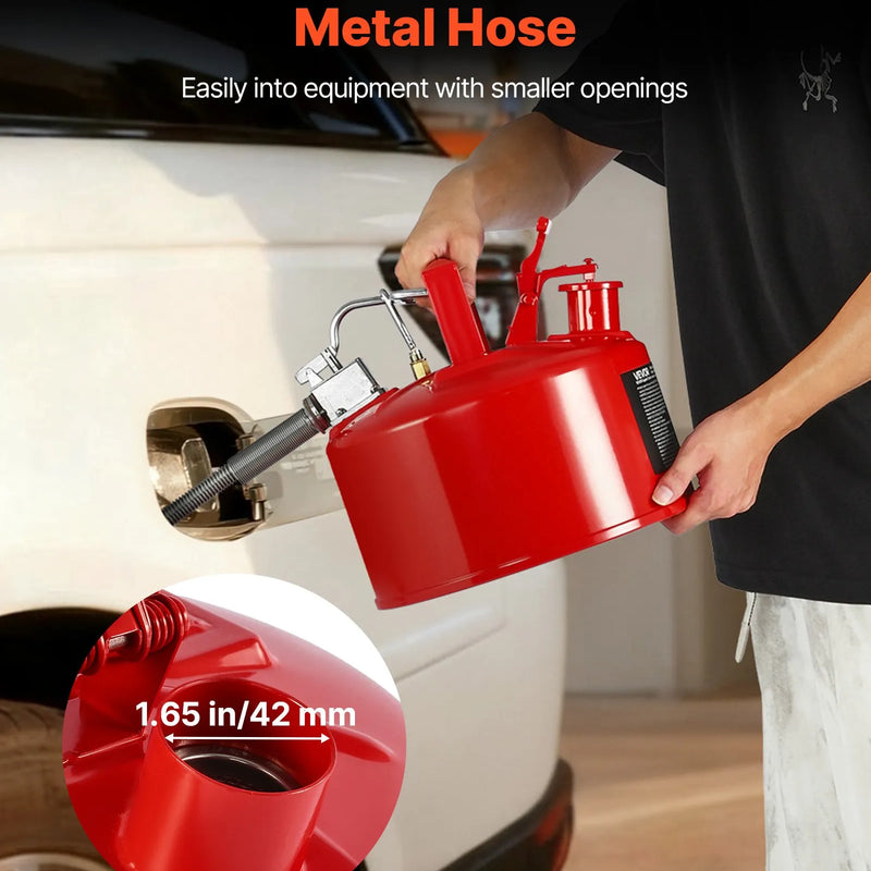 VEVOR drošības degvielas kanna 9,5 l, II tipa benzīna kanna ar nerūsējošā tērauda liesmas slāpētāju, pašnoslēdzošu vāku un elastīgu metāla uzgali, oglekļa tērauda uzliesmojošu šķidrumu uzglabāšanas tvertne ar ergonomisku rokturi