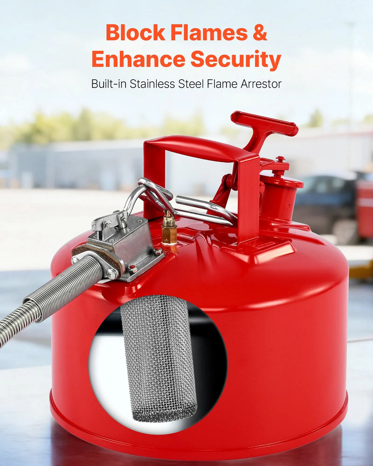 VEVOR Safety Fuel Can 9.5 L, Type II Petrol Can with Stainless Steel Flame Arrestor, Self-Closing Cap and Flexible Metal Spout, Carbon Steel Flammable Liquid Storage Tank with Ergonomic Handle