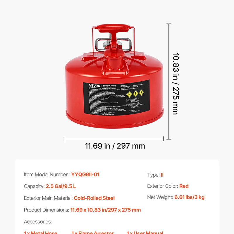 VEVOR drošības degvielas kanna 9,5 l, II tipa benzīna kanna ar nerūsējošā tērauda liesmas slāpētāju, pašnoslēdzošu vāku un elastīgu metāla uzgali, oglekļa tērauda uzliesmojošu šķidrumu uzglabāšanas tvertne ar ergonomisku rokturi