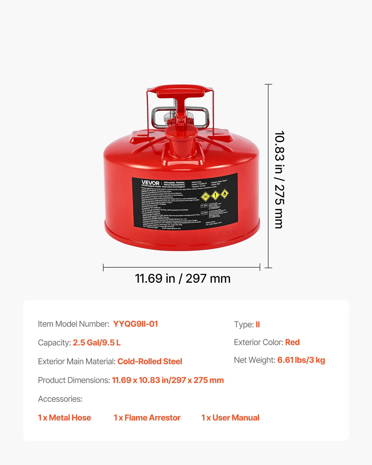 VEVOR Safety Fuel Can 9.5 L, Type II Petrol Can with Stainless Steel Flame Arrestor, Self-Closing Cap and Flexible Metal Spout, Carbon Steel Flammable Liquid Storage Tank with Ergonomic Handle
