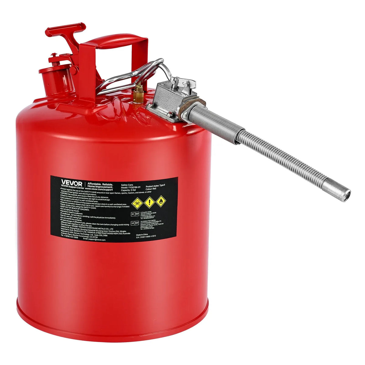VEVOR 19 L Safety Fuel Can, Type II Petrol Can with Stainless Steel Flame Arrestor, Self-Closing Cap and Flexible Metal Spout, Carbon Steel Flammable Liquid Storage Tank with Ergonomic Handle