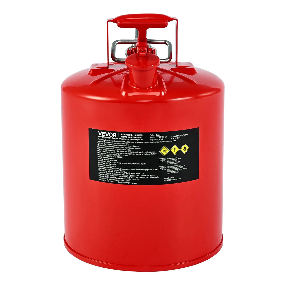 VEVOR 19 L Safety Fuel Can, Type II Petrol Can with Stainless Steel Flame Arrestor, Self-Closing Cap and Flexible Metal Spout, Carbon Steel Flammable Liquid Storage Tank with Ergonomic Handle
