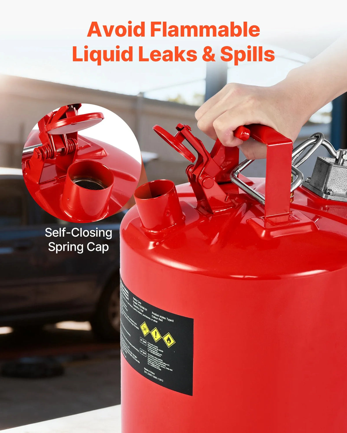 VEVOR 19 L Safety Fuel Can, Type II Petrol Can with Stainless Steel Flame Arrestor, Self-Closing Cap and Flexible Metal Spout, Carbon Steel Flammable Liquid Storage Tank with Ergonomic Handle