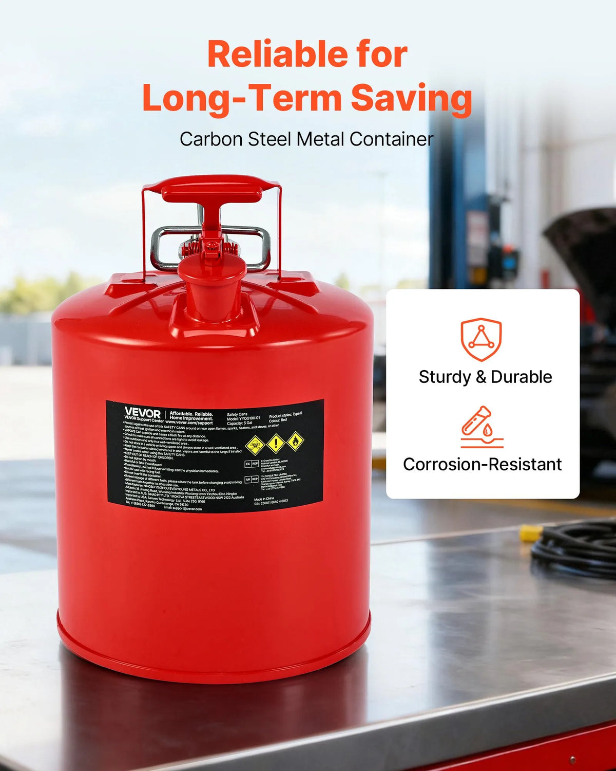 VEVOR 19 L Safety Fuel Can, Type II Petrol Can with Stainless Steel Flame Arrestor, Self-Closing Cap and Flexible Metal Spout, Carbon Steel Flammable Liquid Storage Tank with Ergonomic Handle