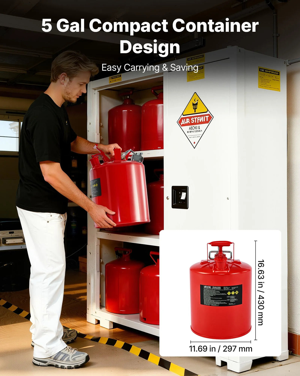 VEVOR 19 L Safety Fuel Can, Type II Petrol Can with Stainless Steel Flame Arrestor, Self-Closing Cap and Flexible Metal Spout, Carbon Steel Flammable Liquid Storage Tank with Ergonomic Handle