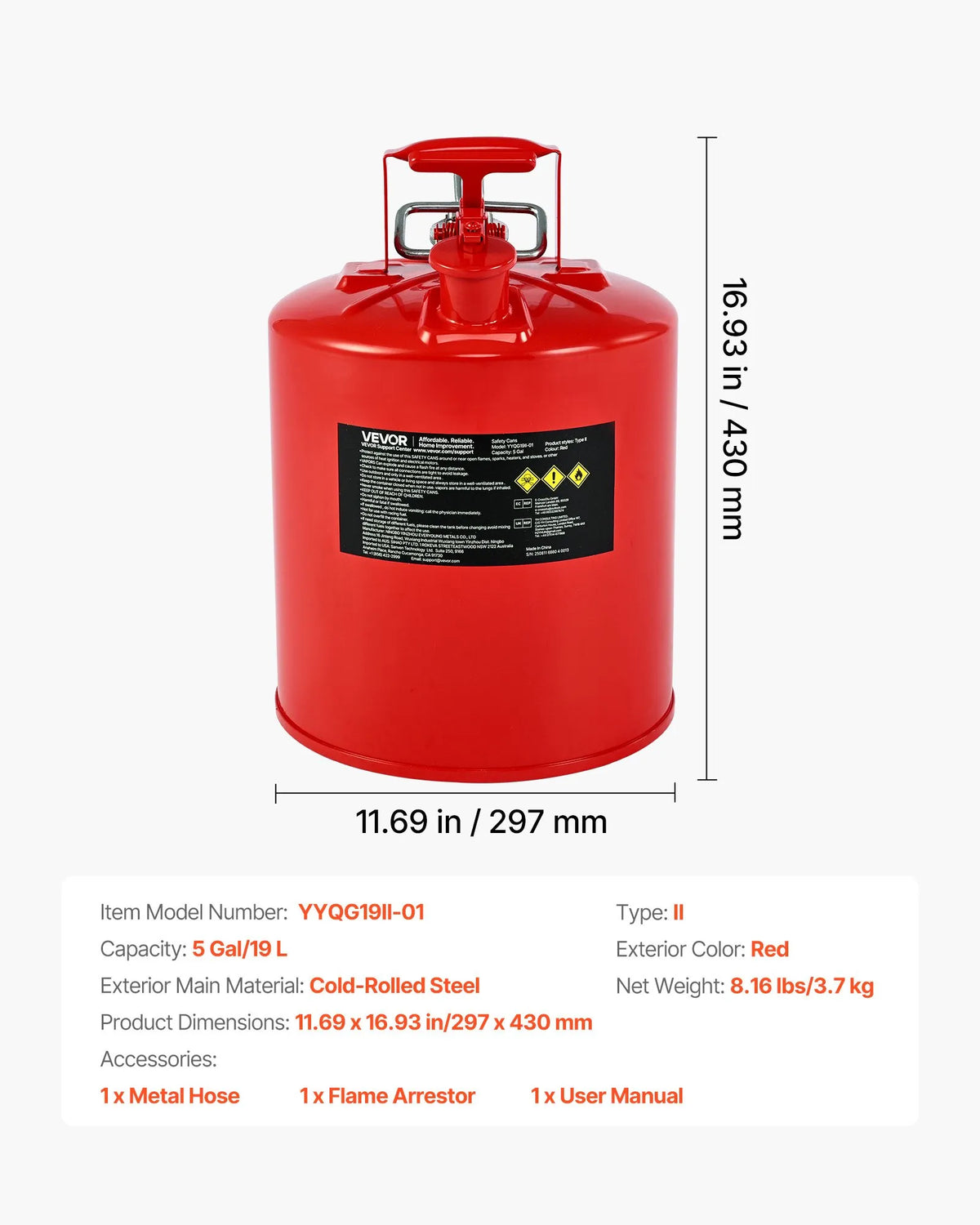 VEVOR 19 L Safety Fuel Can, Type II Petrol Can with Stainless Steel Flame Arrestor, Self-Closing Cap and Flexible Metal Spout, Carbon Steel Flammable Liquid Storage Tank with Ergonomic Handle