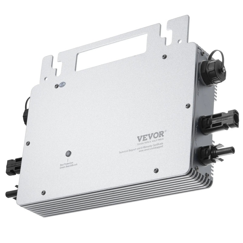 VEVOR tīklam pieslēdzams saules mikroinvertors, 600 W, saules mikroinvertors ar IP67 ūdensizturību, alumīnija sakausējuma korpuss, DC darba spriegums 18–50 V, ar lietotnes (APP) Wi-Fi antenu un barošanas kabeli, paredzēts saules paneļu sistēmām.