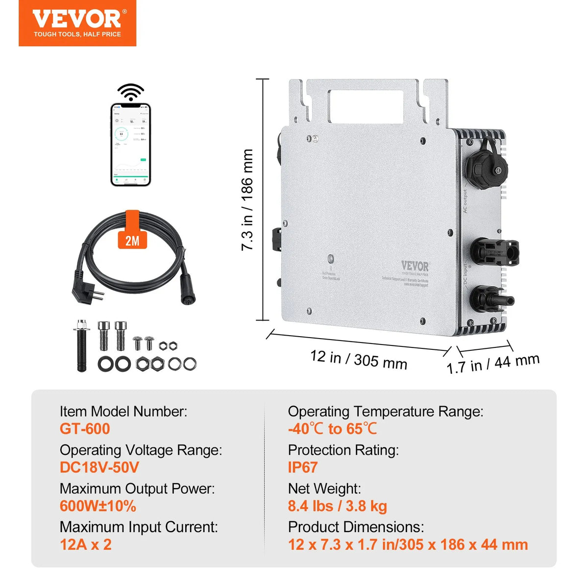 VEVOR Mikroinvertors 600W — tīkla, IP67, WiFi