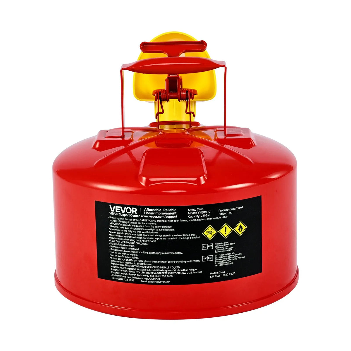 VEVOR drošības degvielas kanna 9,5 l, I tipa benzīna kanna sarkanā krāsā ar nerūsējošā tērauda liesmas slāpētāju, pašnoslēdzošu vāku un PE piltuvi, oglekļa tērauda uzliesmojošu šķidrumu uzglabāšanas tvertne ar ergonomisku rokturi