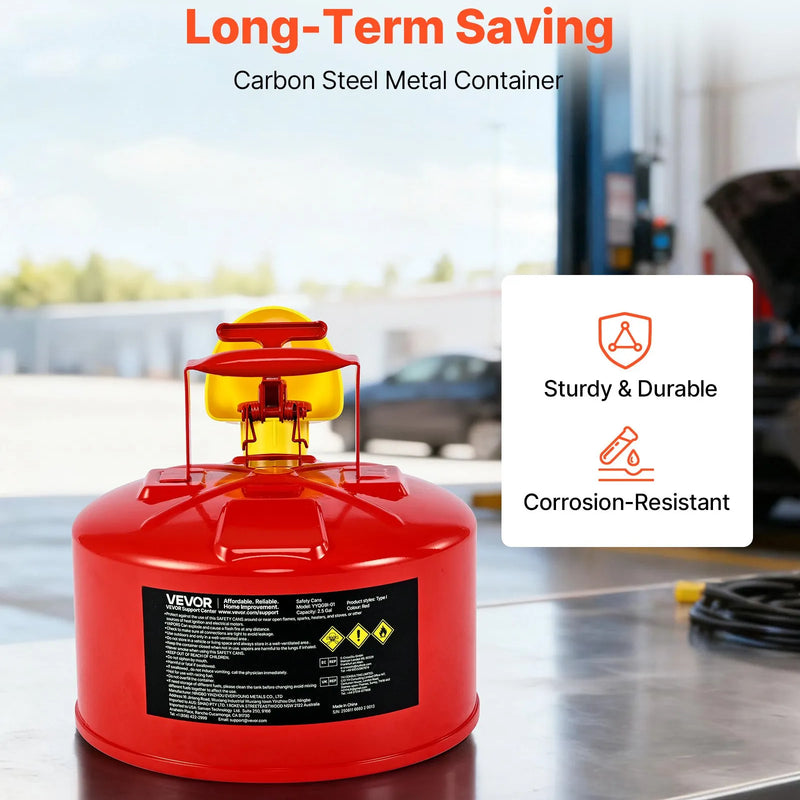 VEVOR drošības degvielas kanna 9,5 l, I tipa benzīna kanna sarkanā krāsā ar nerūsējošā tērauda liesmas slāpētāju, pašnoslēdzošu vāku un PE piltuvi, oglekļa tērauda uzliesmojošu šķidrumu uzglabāšanas tvertne ar ergonomisku rokturi