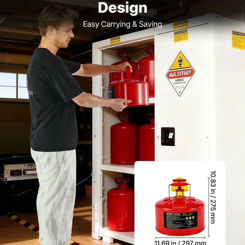 VEVOR drošības degvielas kanna 9,5 l, I tipa benzīna kanna sarkanā krāsā ar nerūsējošā tērauda liesmas slāpētāju, pašnoslēdzošu vāku un PE piltuvi, oglekļa tērauda uzliesmojošu šķidrumu uzglabāšanas tvertne ar ergonomisku rokturi