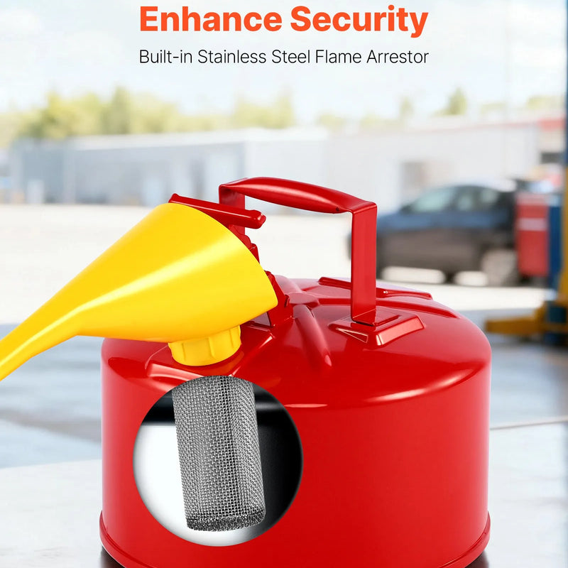 VEVOR drošības degvielas kanna 9,5 l, I tipa benzīna kanna sarkanā krāsā ar nerūsējošā tērauda liesmas slāpētāju, pašnoslēdzošu vāku un PE piltuvi, oglekļa tērauda uzliesmojošu šķidrumu uzglabāšanas tvertne ar ergonomisku rokturi