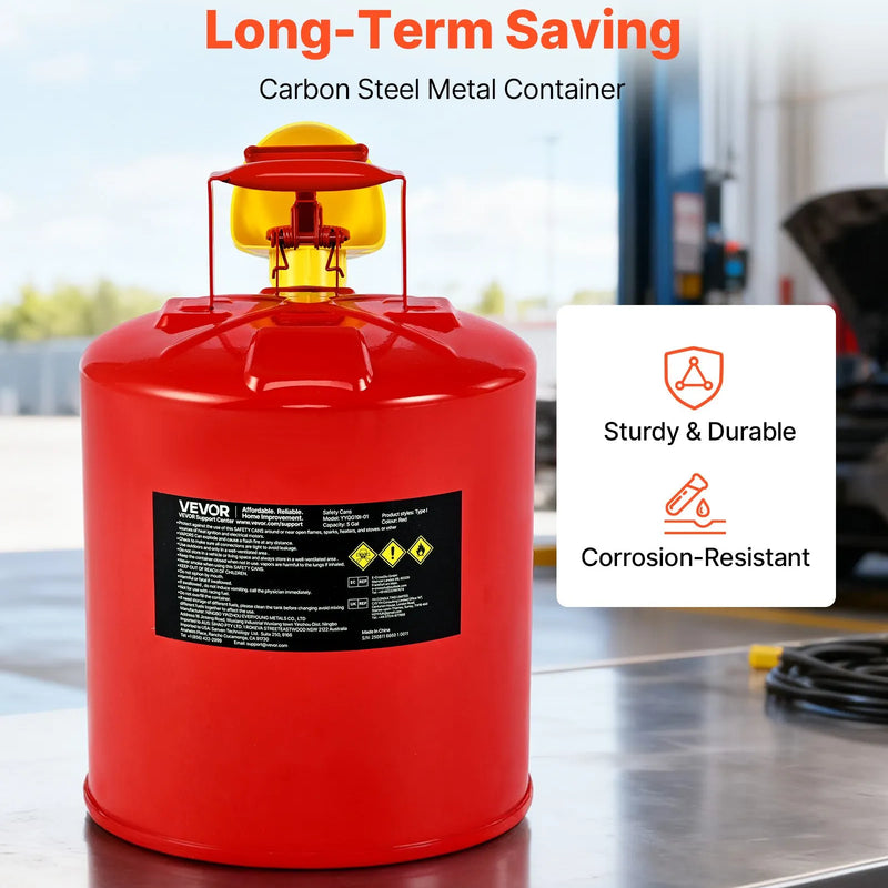 VEVOR drošības degvielas kanna, 19 l I tipa benzīna kanna ar nerūsējošā tērauda liesmas slāpētāju, pašnoslēdzošu vāku un PE piltuvi, no oglekļa tērauda izgatavots uzliesmojošas degvielas uzglabāšanas konteiners ar ergonomisku rokturi