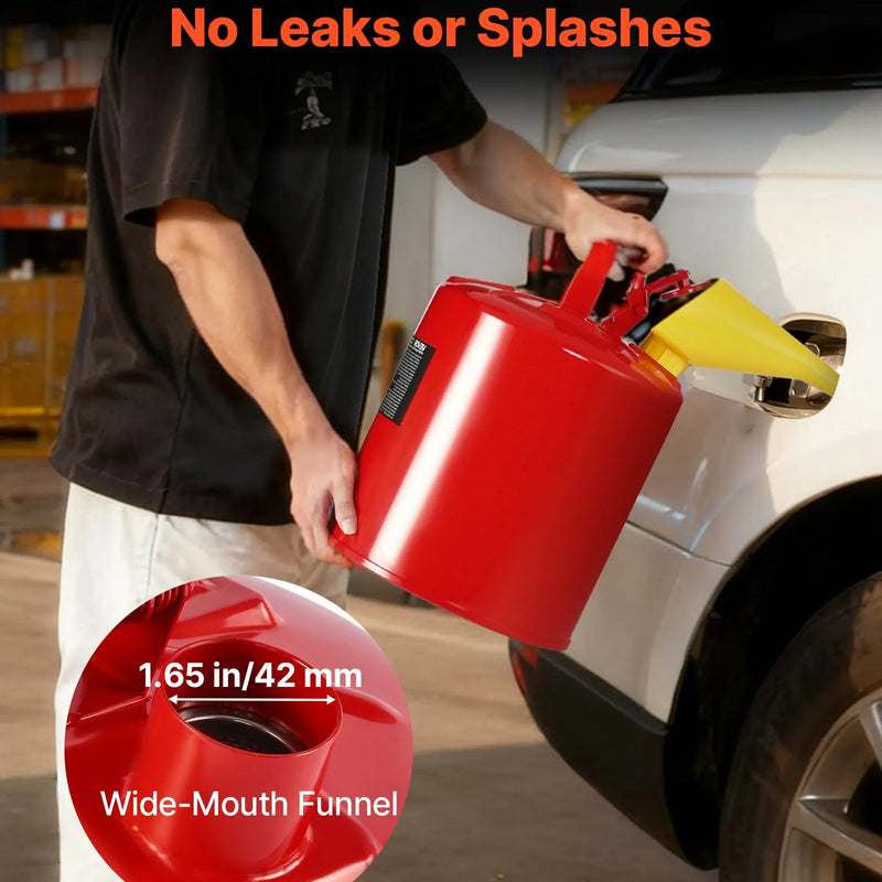 VEVOR drošības degvielas kanna, 19 l I tipa benzīna kanna ar nerūsējošā tērauda liesmas slāpētāju, pašnoslēdzošu vāku un PE piltuvi, no oglekļa tērauda izgatavots uzliesmojošas degvielas uzglabāšanas konteiners ar ergonomisku rokturi