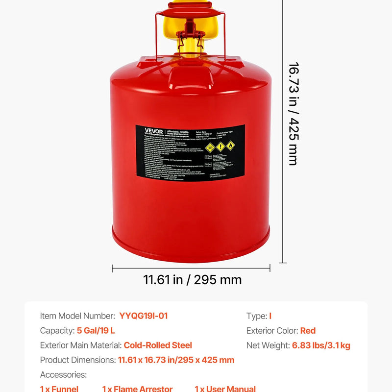 VEVOR drošības degvielas kanna, 19 l I tipa benzīna kanna ar nerūsējošā tērauda liesmas slāpētāju, pašnoslēdzošu vāku un PE piltuvi, no oglekļa tērauda izgatavots uzliesmojošas degvielas uzglabāšanas konteiners ar ergonomisku rokturi
