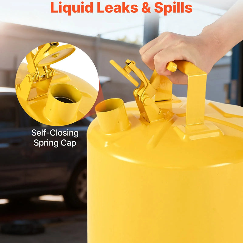 VEVOR drošības degvielas kanna 19 l, I tipa dīzeļdegvielas kanna dzeltenā krāsā ar nerūsējošā tērauda liesmas slāpētāju, pašnoslēdzošu vāku un PE piltuvi, oglekļa tērauda degvielas uzglabāšanas tvertne ar ergonomisku rokturi