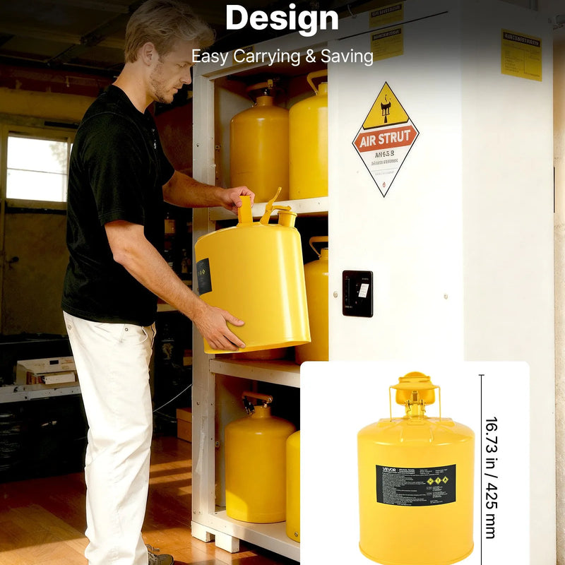 VEVOR drošības degvielas kanna 19 l, I tipa dīzeļdegvielas kanna dzeltenā krāsā ar nerūsējošā tērauda liesmas slāpētāju, pašnoslēdzošu vāku un PE piltuvi, oglekļa tērauda degvielas uzglabāšanas tvertne ar ergonomisku rokturi