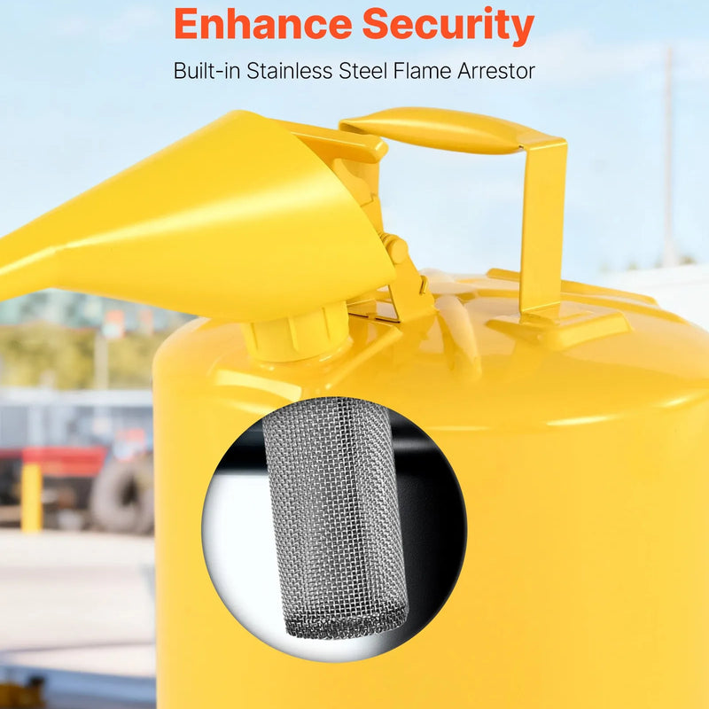 VEVOR drošības degvielas kanna 19 l, I tipa dīzeļdegvielas kanna dzeltenā krāsā ar nerūsējošā tērauda liesmas slāpētāju, pašnoslēdzošu vāku un PE piltuvi, oglekļa tērauda degvielas uzglabāšanas tvertne ar ergonomisku rokturi