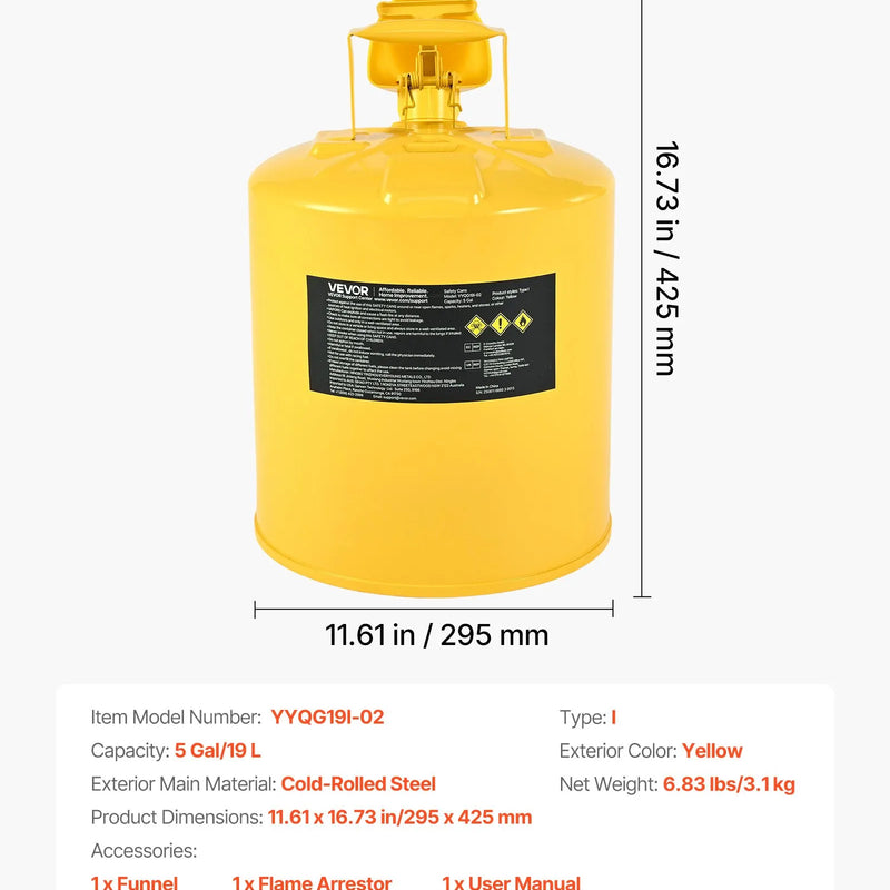 VEVOR drošības degvielas kanna 19 l, I tipa dīzeļdegvielas kanna dzeltenā krāsā ar nerūsējošā tērauda liesmas slāpētāju, pašnoslēdzošu vāku un PE piltuvi, oglekļa tērauda degvielas uzglabāšanas tvertne ar ergonomisku rokturi