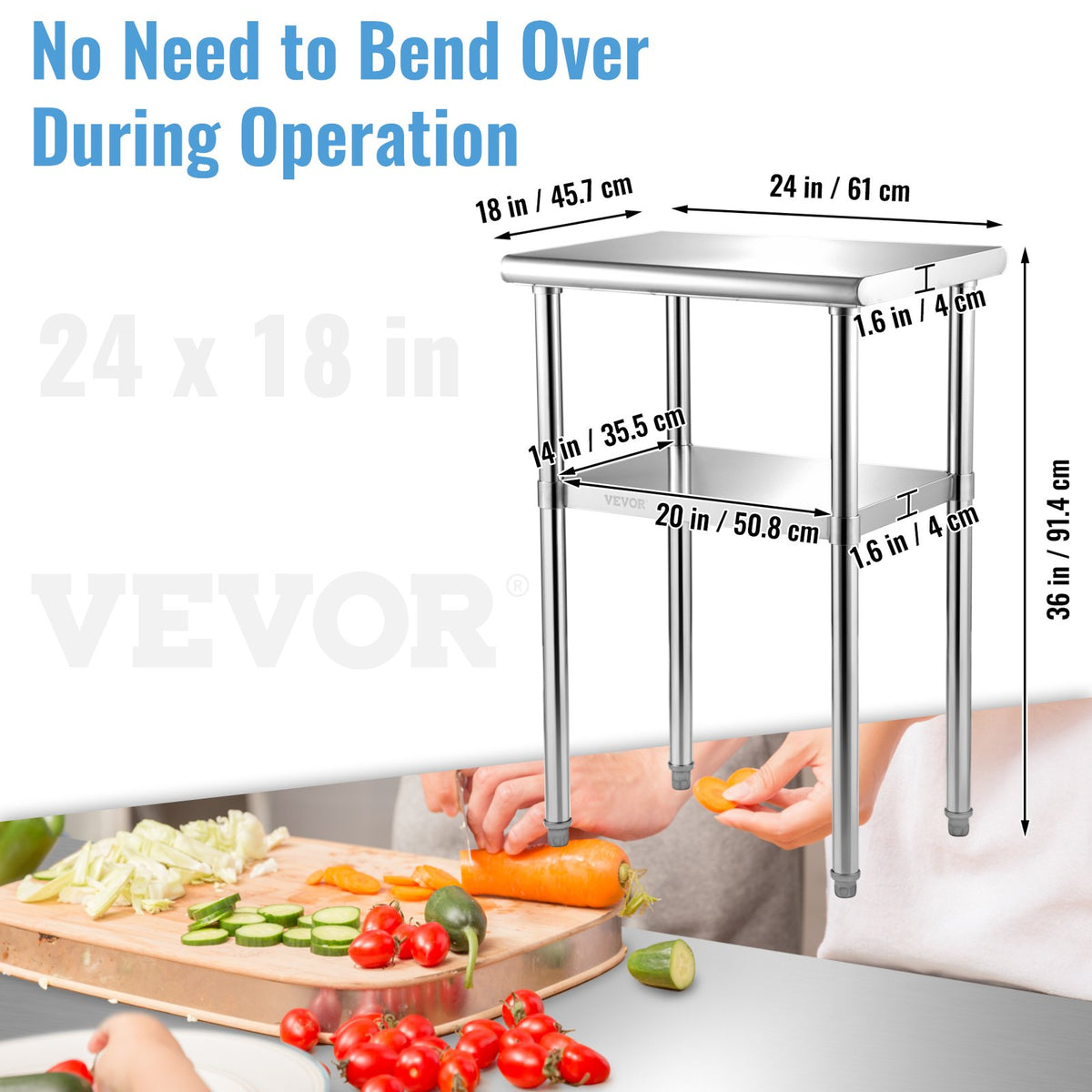 VEVOR Stainless Steel Work Table 61 × 46 × 91 cm with Adjustable Shelf and Feet, 272 kg