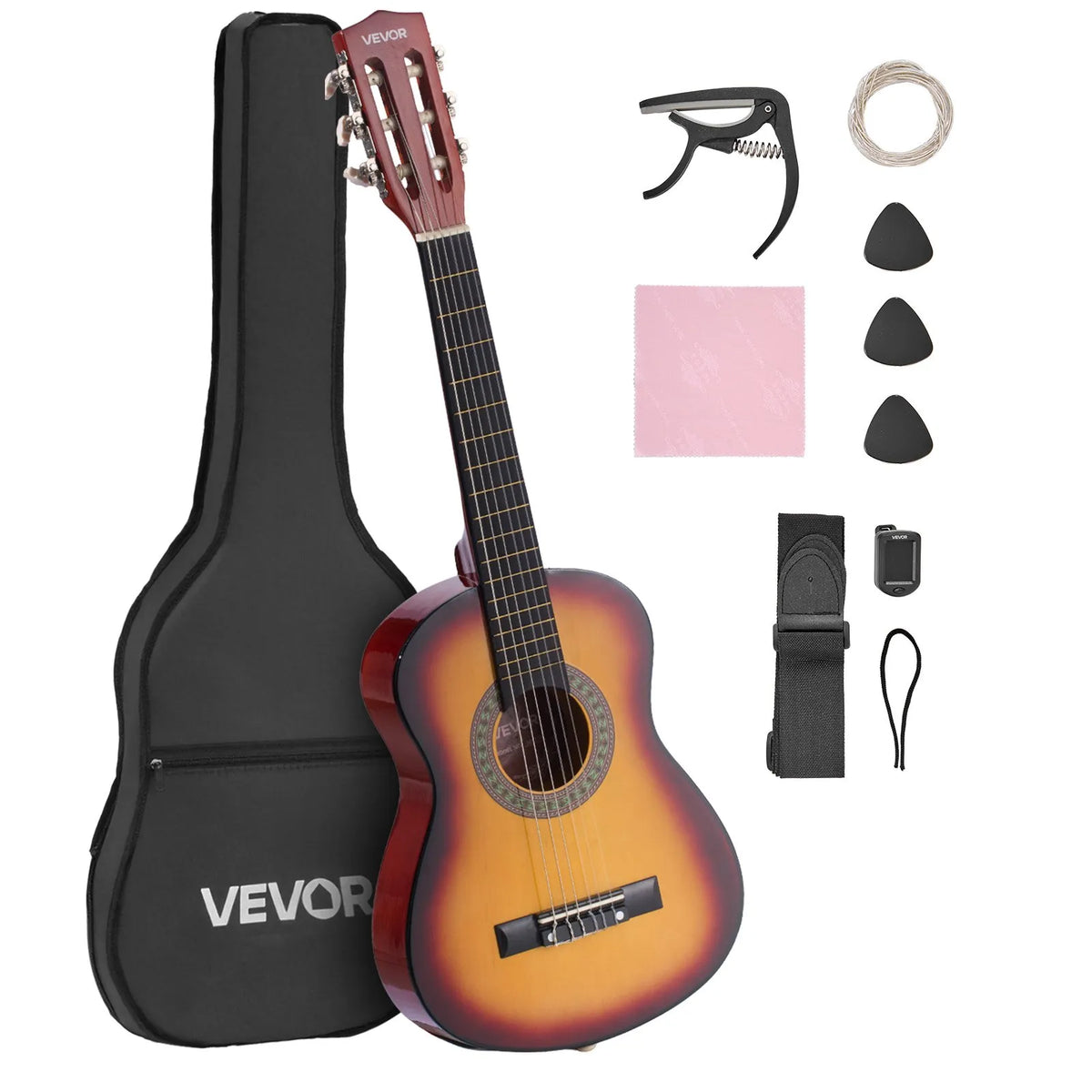 VEVOR Classical Guitar 780 mm with Nylon Strings, Beginner Kit with Bag, Strap, Tuner and Capo, Sunset Tone