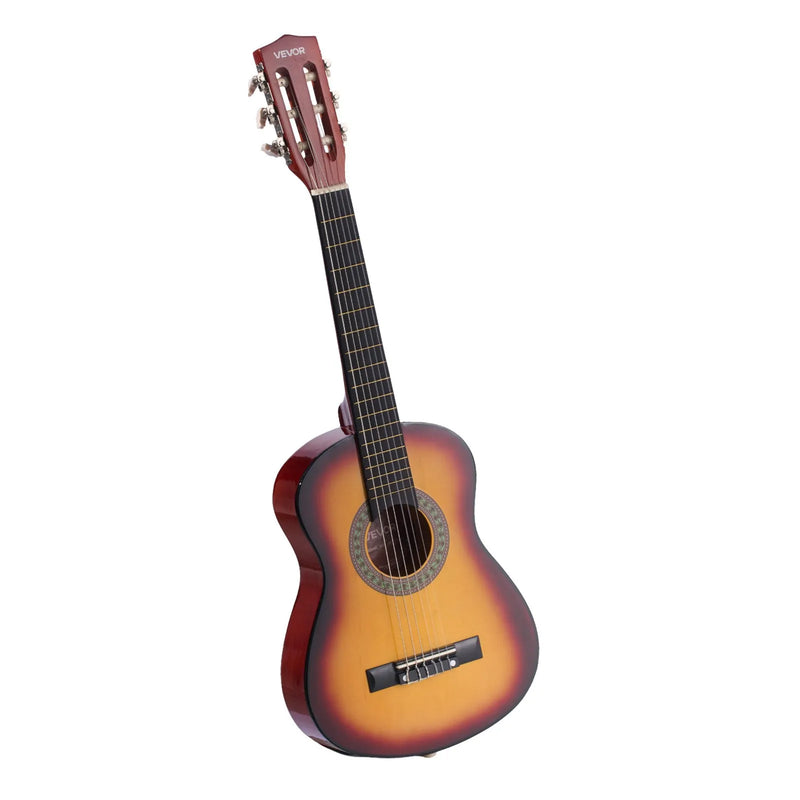 VEVOR 780 mm klasiskā basskoka ģitāra ar neilona stīgām, pilns iesācēju komplekts ar somu, siksnu, skaņotāju, stīgām, mediatoriem un kapo, saulrieta tonis