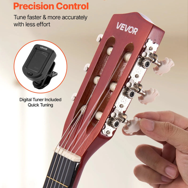 VEVOR 780 mm klasiskā basskoka ģitāra ar neilona stīgām, pilns iesācēju komplekts ar somu, siksnu, skaņotāju, stīgām, mediatoriem un kapo, saulrieta tonis