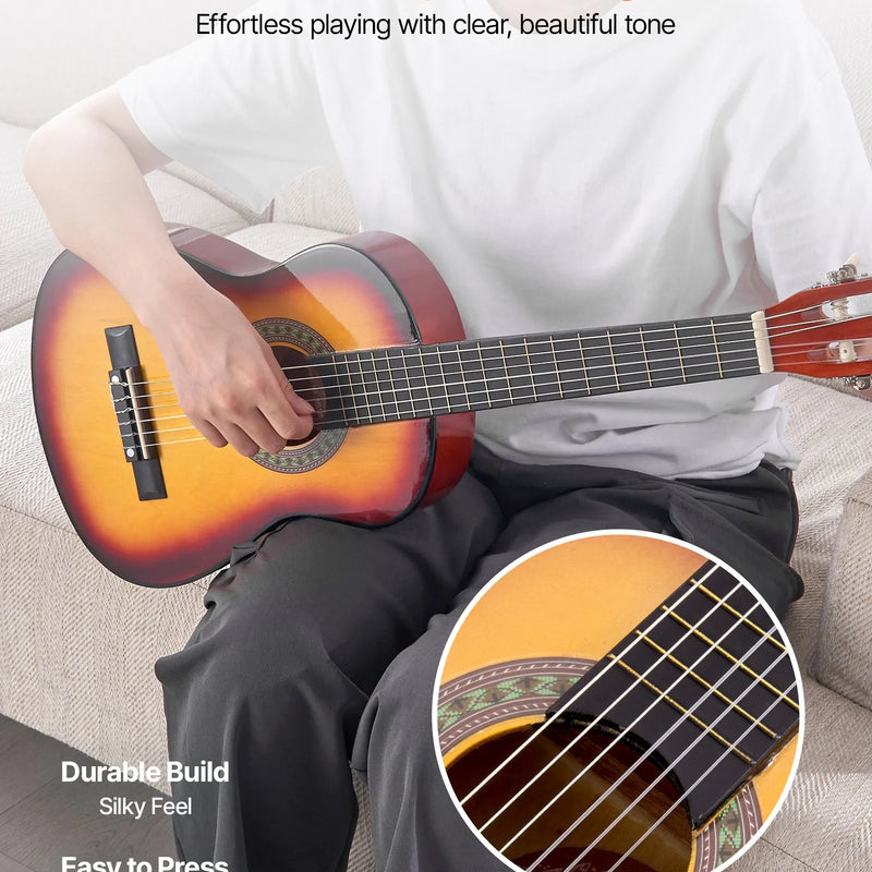 VEVOR 780 mm klasiskā basskoka ģitāra ar neilona stīgām, pilns iesācēju komplekts ar somu, siksnu, skaņotāju, stīgām, mediatoriem un kapo, saulrieta tonis