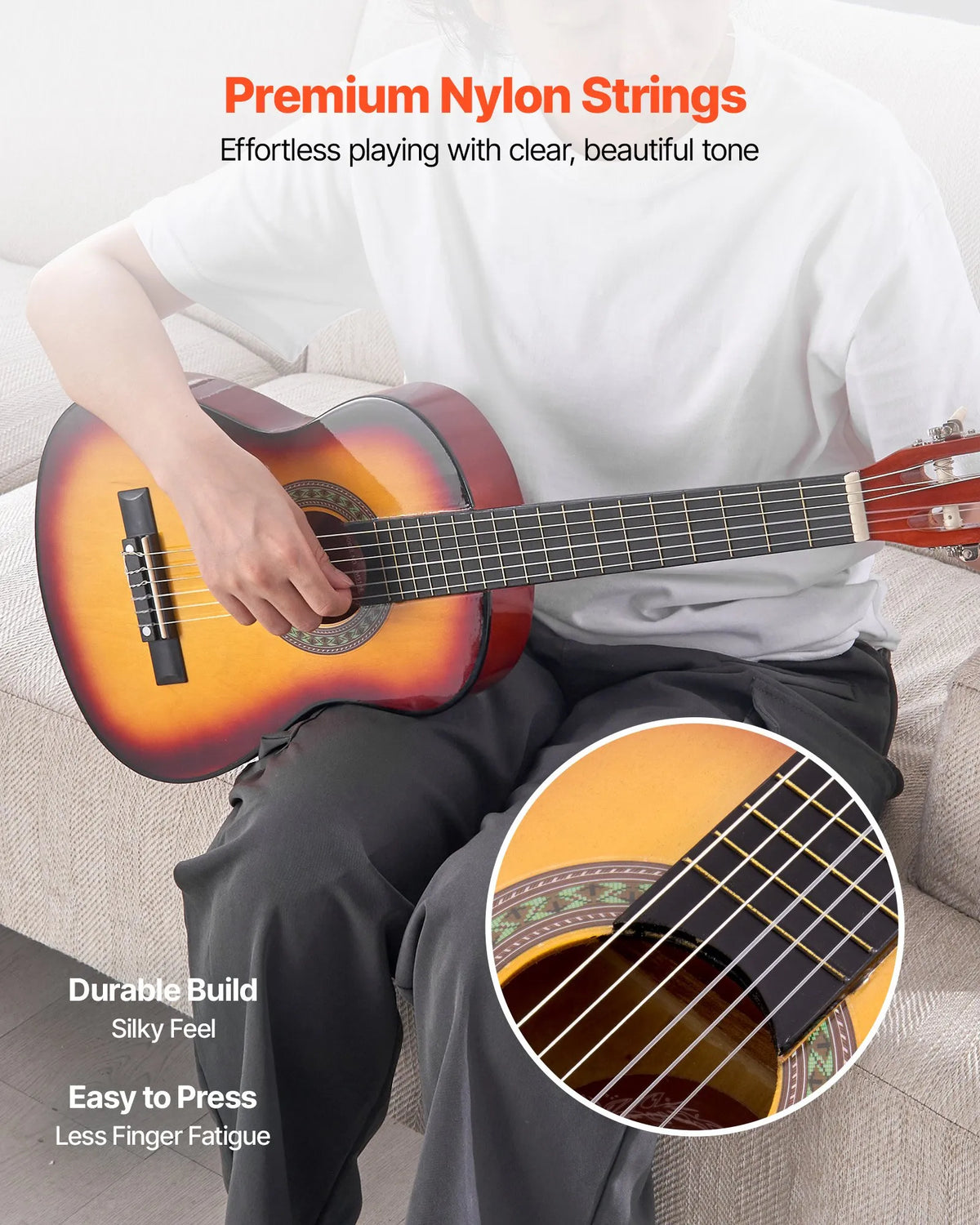 VEVOR Classical Guitar 780 mm with Nylon Strings, Beginner Kit with Bag, Strap, Tuner and Capo, Sunset Tone