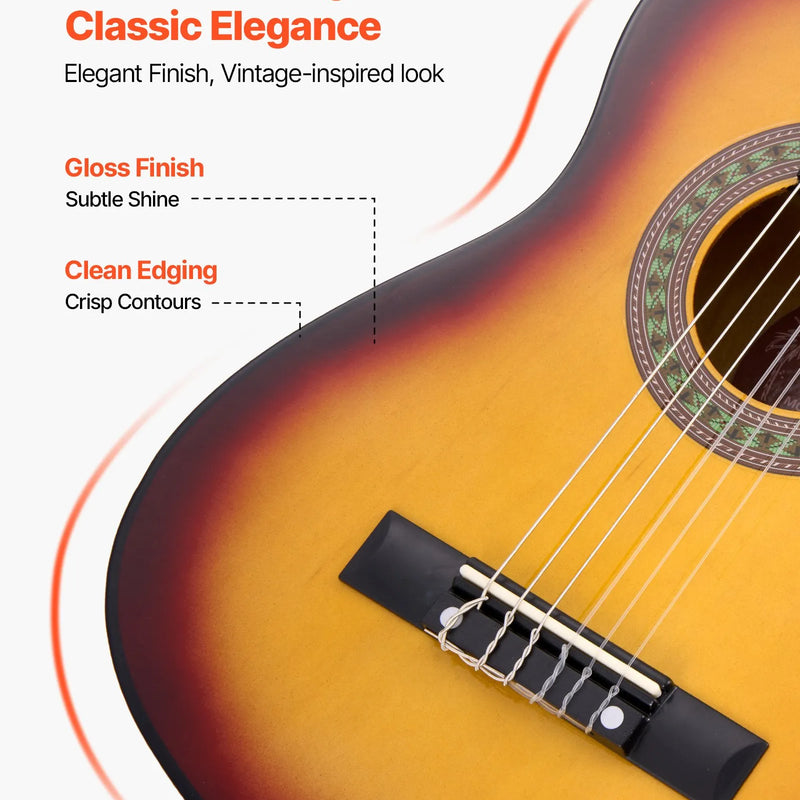VEVOR 780 mm klasiskā basskoka ģitāra ar neilona stīgām, pilns iesācēju komplekts ar somu, siksnu, skaņotāju, stīgām, mediatoriem un kapo, saulrieta tonis