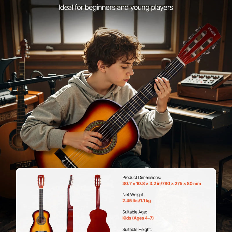 VEVOR 780 mm klasiskā basskoka ģitāra ar neilona stīgām, pilns iesācēju komplekts ar somu, siksnu, skaņotāju, stīgām, mediatoriem un kapo, saulrieta tonis