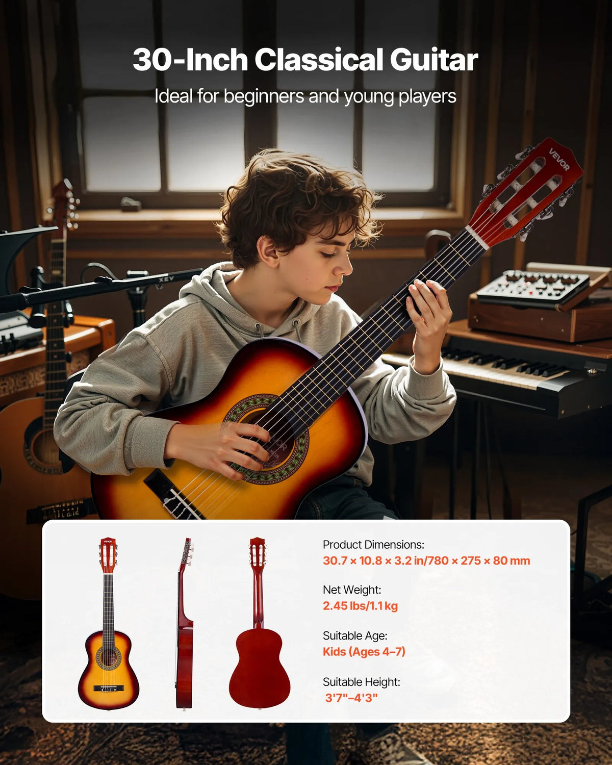 VEVOR Classical Guitar 780 mm with Nylon Strings, Beginner Kit with Bag, Strap, Tuner and Capo, Sunset Tone