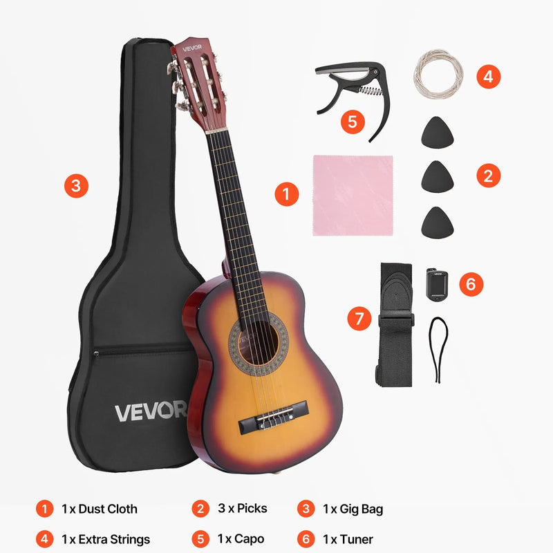 VEVOR 780 mm klasiskā basskoka ģitāra ar neilona stīgām, pilns iesācēju komplekts ar somu, siksnu, skaņotāju, stīgām, mediatoriem un kapo, saulrieta tonis