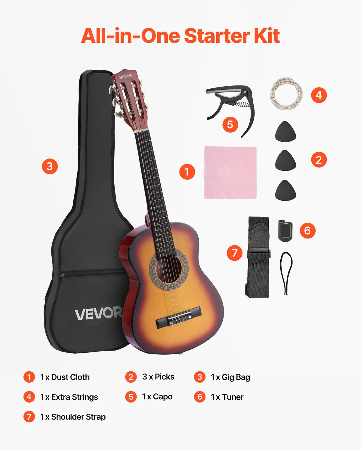 VEVOR Classical Guitar 780 mm with Nylon Strings, Beginner Kit with Bag, Strap, Tuner and Capo, Sunset Tone