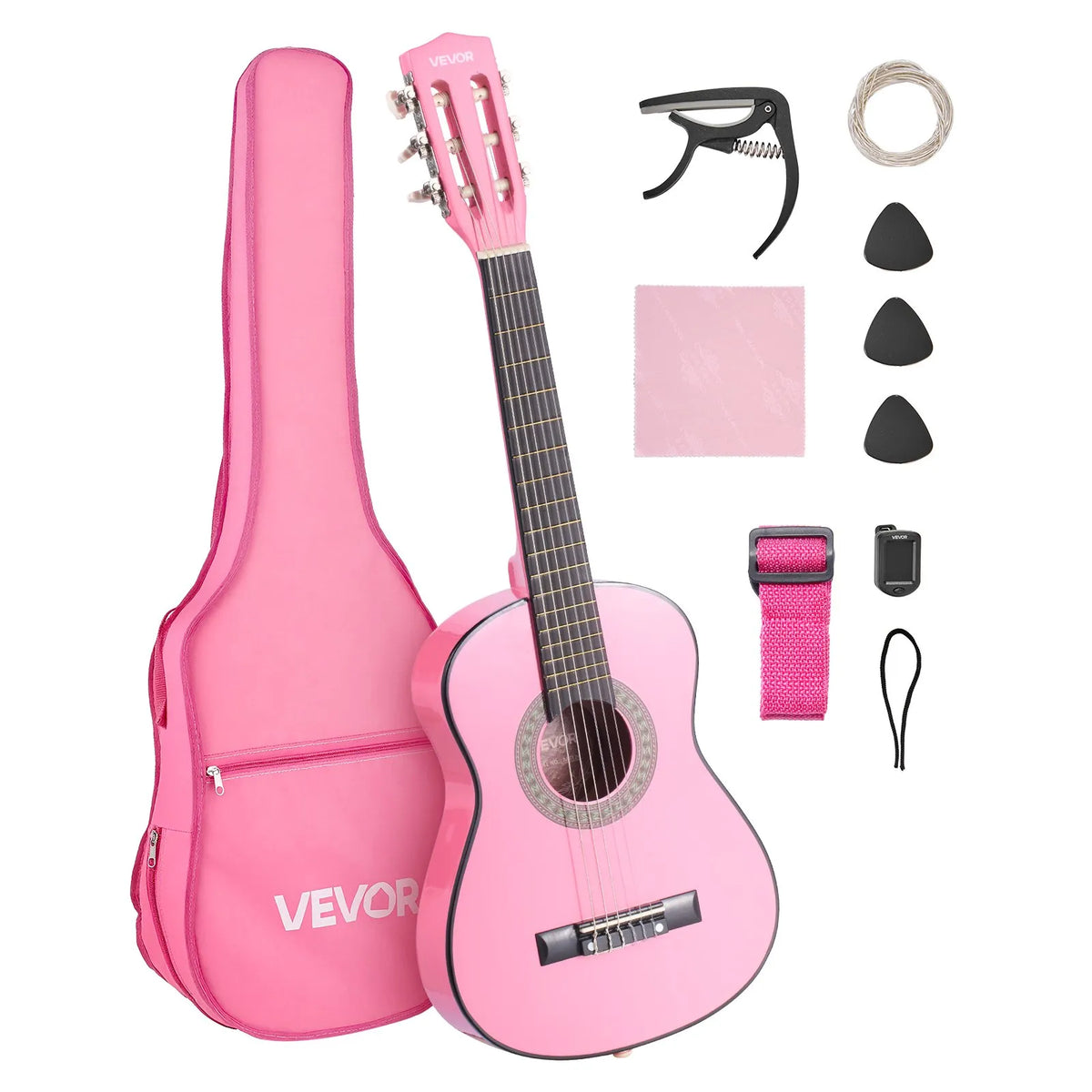 VEVOR Classical Guitar 780 mm with Nylon Strings, Beginner Kit with Bag, Strap, Tuner and Capo, Kids, Pink