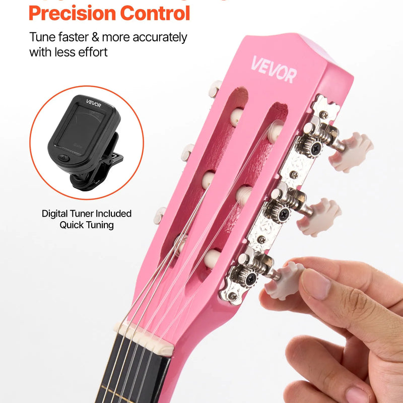 VEVOR klasiskā ģitāra, 780 mm, sākuma komplekts iesācējiem ar neilona stīgām, pārvalku, siksnu, skaņotāju, papildu stīgām, mediatoriem un kapo, liepkoka korpuss, bērniem un jauniešiem, rozā krāsā