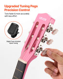 VEVOR klasiskā ģitāra, 780 mm, sākuma komplekts iesācējiem ar neilona stīgām, pārvalku, siksnu, skaņotāju, papildu stīgām, mediatoriem un kapo, liepkoka korpuss, bērniem un jauniešiem, rozā krāsā