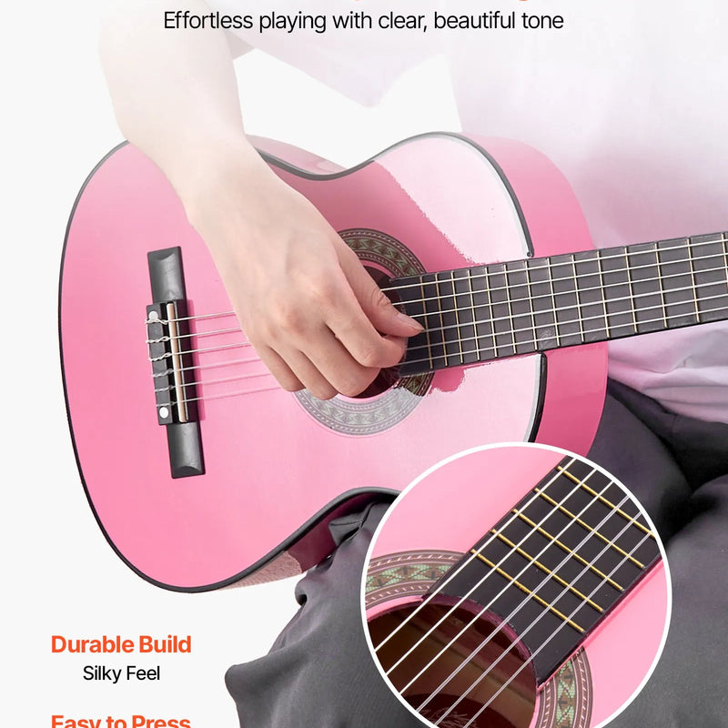 VEVOR klasiskā ģitāra, 780 mm, sākuma komplekts iesācējiem ar neilona stīgām, pārvalku, siksnu, skaņotāju, papildu stīgām, mediatoriem un kapo, liepkoka korpuss, bērniem un jauniešiem, rozā krāsā