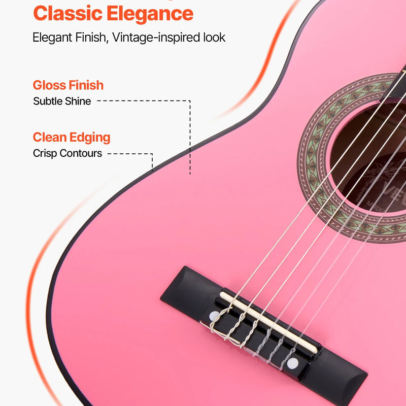 VEVOR klasiskā ģitāra, 780 mm, sākuma komplekts iesācējiem ar neilona stīgām, pārvalku, siksnu, skaņotāju, papildu stīgām, mediatoriem un kapo, liepkoka korpuss, bērniem un jauniešiem, rozā krāsā