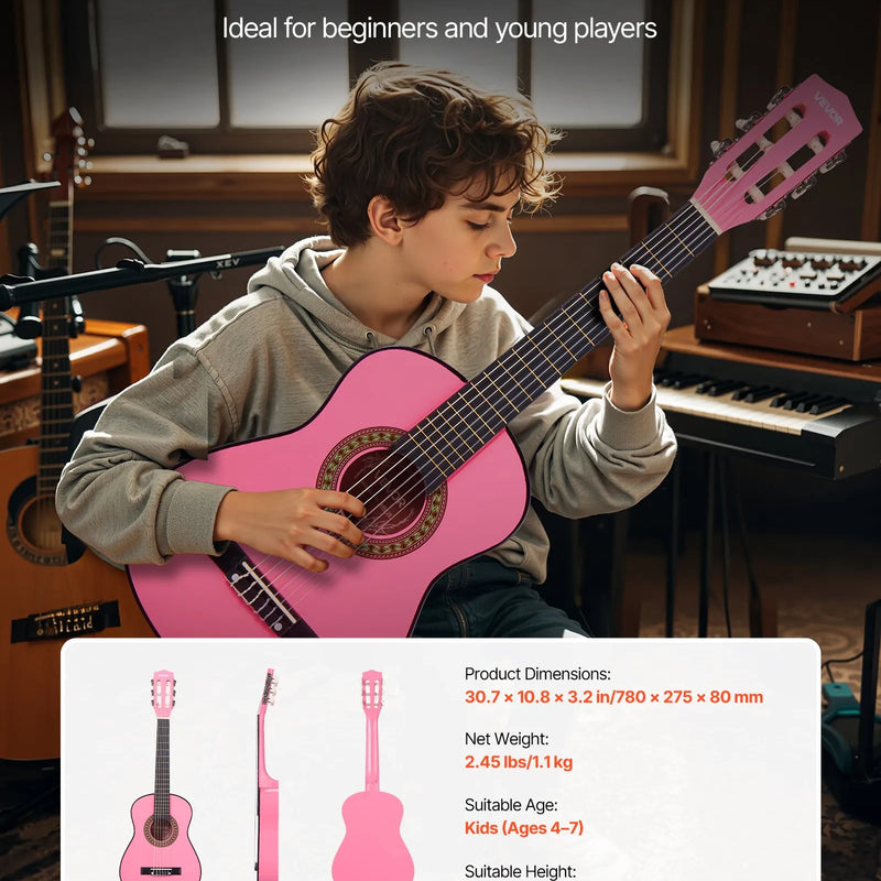 VEVOR klasiskā ģitāra, 780 mm, sākuma komplekts iesācējiem ar neilona stīgām, pārvalku, siksnu, skaņotāju, papildu stīgām, mediatoriem un kapo, liepkoka korpuss, bērniem un jauniešiem, rozā krāsā