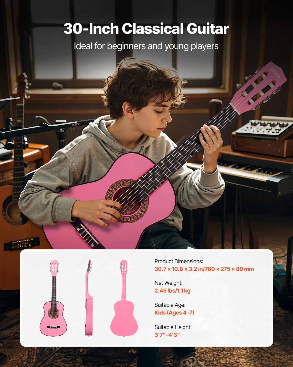 VEVOR Classical Guitar 780 mm with Nylon Strings, Beginner Kit with Bag, Strap, Tuner and Capo, Kids, Pink
