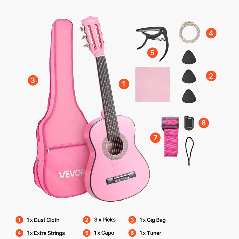 VEVOR klasiskā ģitāra, 780 mm, sākuma komplekts iesācējiem ar neilona stīgām, pārvalku, siksnu, skaņotāju, papildu stīgām, mediatoriem un kapo, liepkoka korpuss, bērniem un jauniešiem, rozā krāsā
