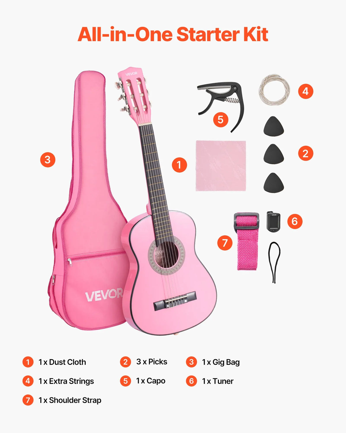 VEVOR Classical Guitar 780 mm with Nylon Strings, Beginner Kit with Bag, Strap, Tuner and Capo, Kids, Pink