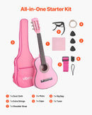 VEVOR klasiskā ģitāra, 780 mm, sākuma komplekts iesācējiem ar neilona stīgām, pārvalku, siksnu, skaņotāju, papildu stīgām, mediatoriem un kapo, liepkoka korpuss, bērniem un jauniešiem, rozā krāsā