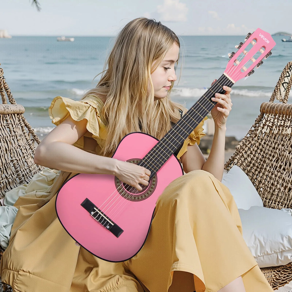 VEVOR Classical Guitar 780 mm with Nylon Strings, Beginner Kit with Bag, Strap, Tuner and Capo, Kids, Pink