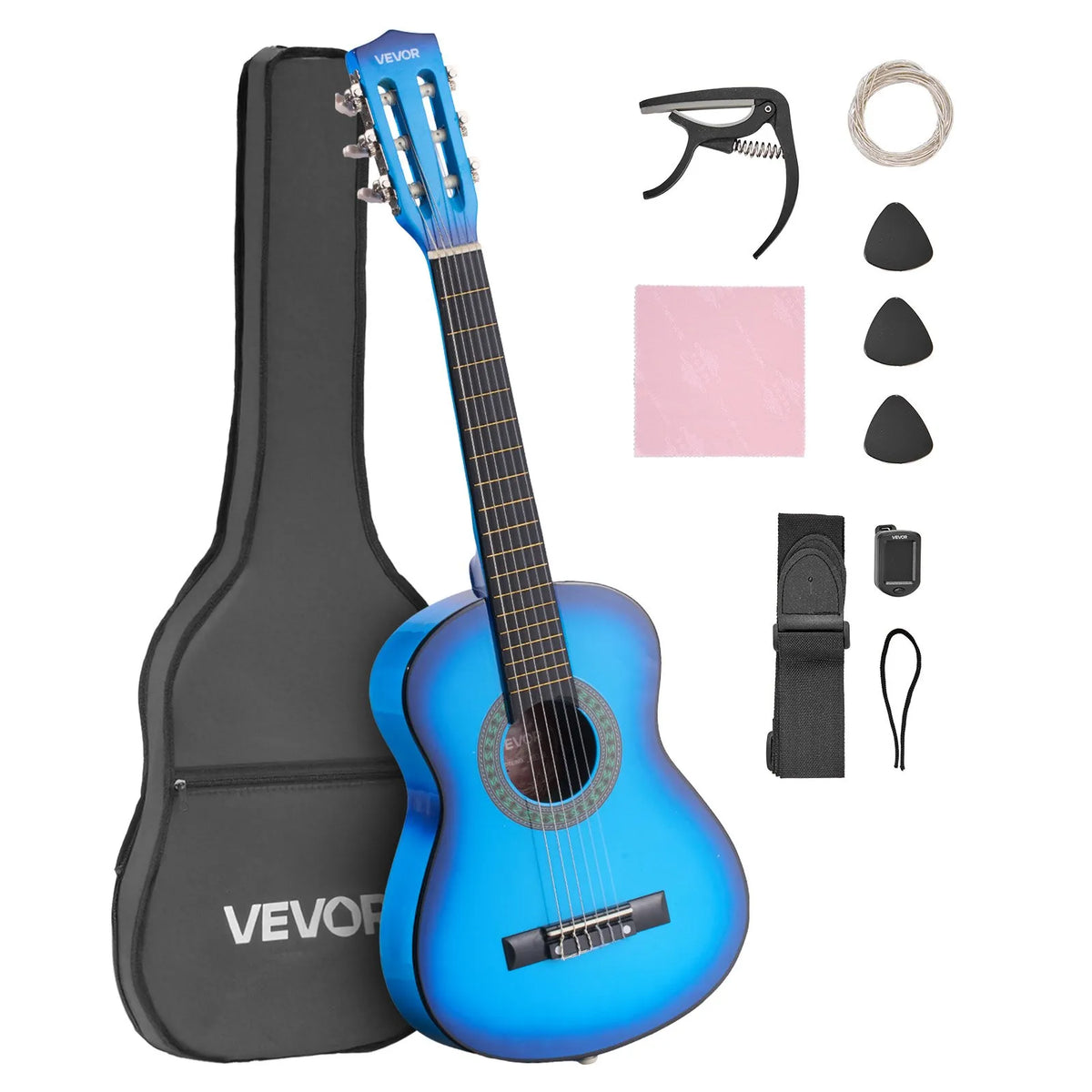 VEVOR Classical Guitar 780 mm with Nylon Strings, Beginner Kit with Bag, Strap, Tuner and Capo, Children, Blue